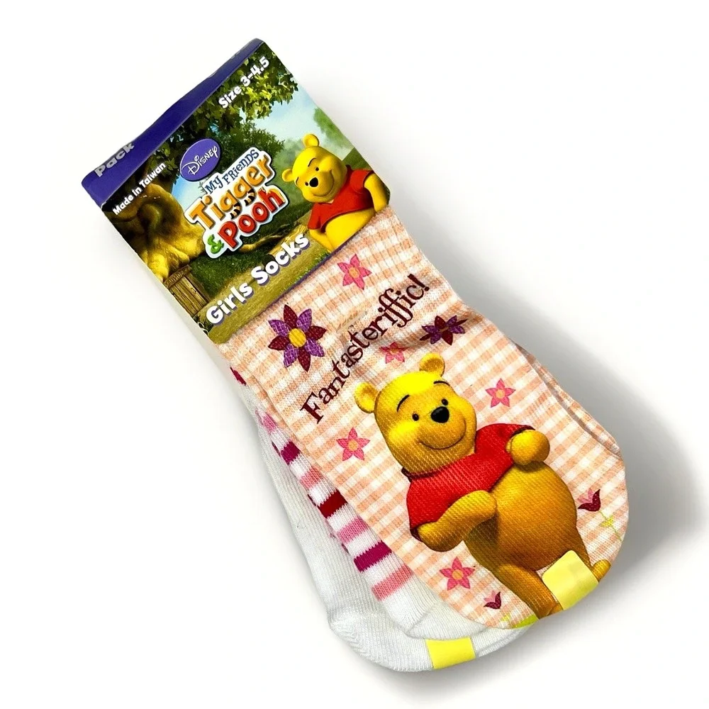 Disney Winnie The Pooh Ankle Socks Girl 3-4.5 Colorful‎ Novelty Cute 3 Pairs NWT